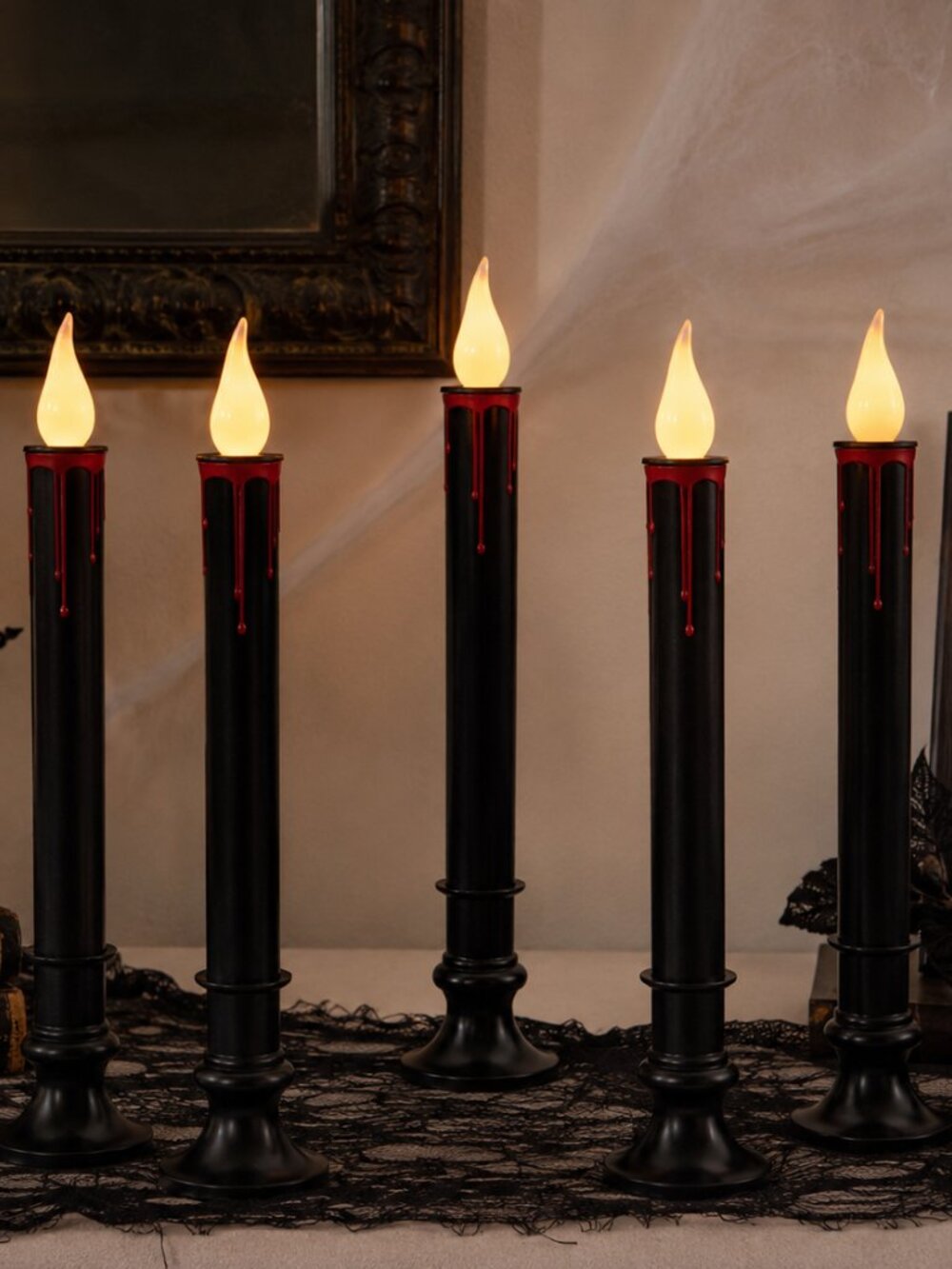 Set of 5 Black LED Flickering Candles with Blood Drip Design Battery Operated Ha